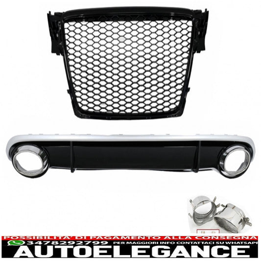 diffusore paraurti posteriore adatto per audi a4 b8 limousine avant pre restyling (2007-2011) con terminali di scarico design rs4 e griglia centrale nero pianoforte