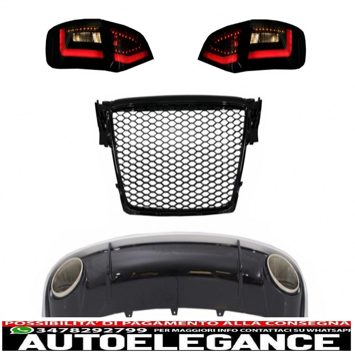 diffusore del paraurti posteriore e terminali di scarico con griglia centrale e luci posteriori a LED adatti per audi a4 b8 avant pre restyling (2007-2011)