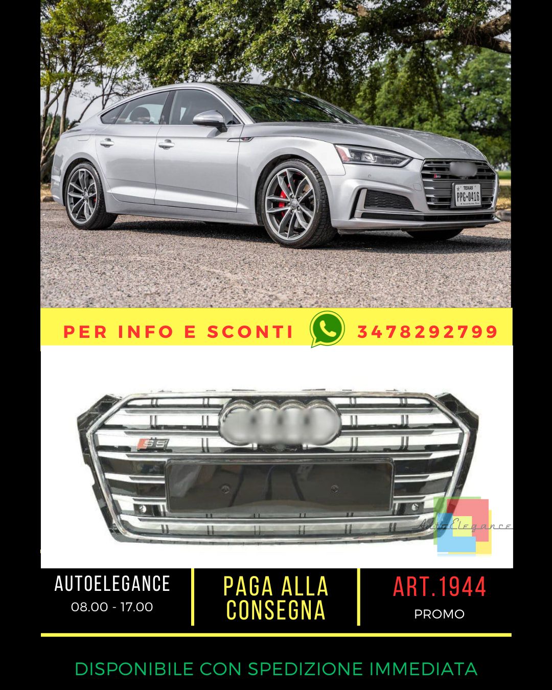⭐1944 GRIGLIA PER AUDI S5 A5 F5 2015-2019 LOOK S5 NERA PROFILI CROMATI⭐