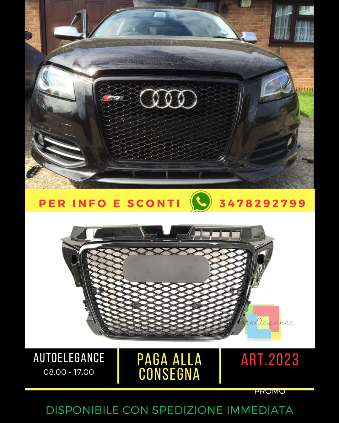 ⭐GRIGLIA ANTERIORE PER AUDI A3 8P 08-12 LOOK RS3 TOTAL BLACK NIDO D'APE ⭐