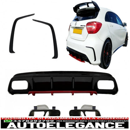 diffusore posteriore con terminali di scarico neri e alette sdoppiate adatto per mercedes classe a w176 (2012-2018) a45 facelift design red edition