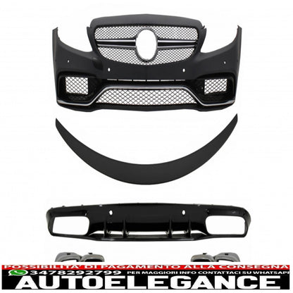 Paraurti anteriore adatto per mercedes classe c c205 a205 coupe cabriolet (2014-2019) con diffusore a mantovana per paraurti posteriore e spoiler per bagagliaio design c63s con punte argentate
