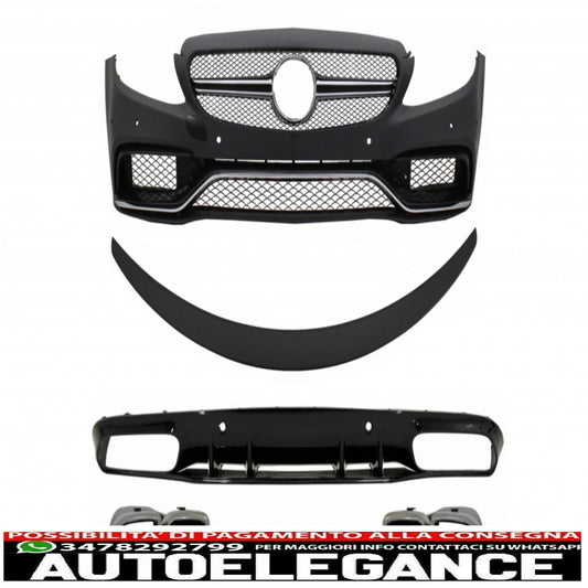 Paraurti anteriore adatto per mercedes classe c c205 a205 coupe cabriolet (2014-2019) con diffusore a mantovana per paraurti posteriore e spoiler per bagagliaio design c63s con punte argentate