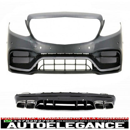 paraurti anteriore con diffusore e terminali argento adatto a mercedes classe c w205 s205 amg sport line (2014-2020) c63s design