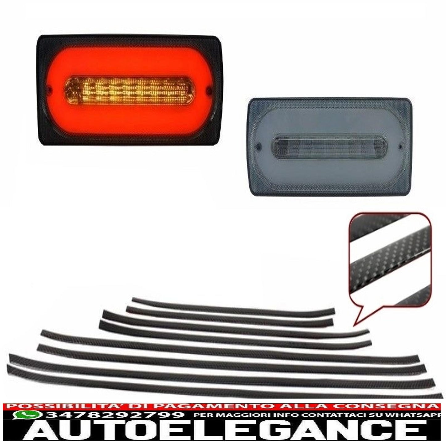 fanali posteriori a led barra luminosa fumé adatti per mercedes classe g w463 (1989-2015) con modanature portiere in carbonio
