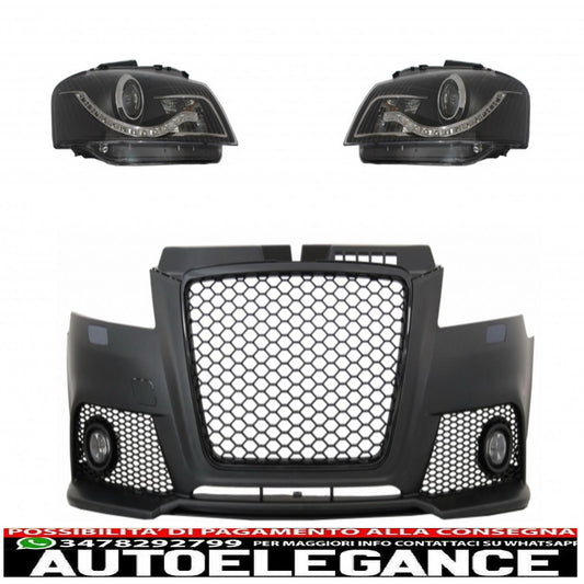 paraurti anteriore con fendinebbia adatto per audi a3 8p 8pa facelift rs3 design (2009-2012) e fari drl ottica neri