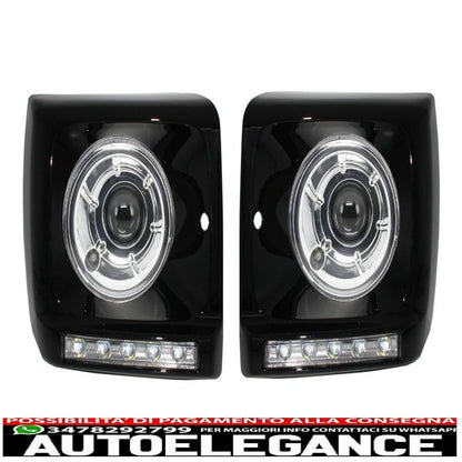 Coprifari neri led drl cromati adatti per mercedes classe g w463 (1989-2012) g65 design con fari bi-xeno AUTOELEGANCERICAMBI