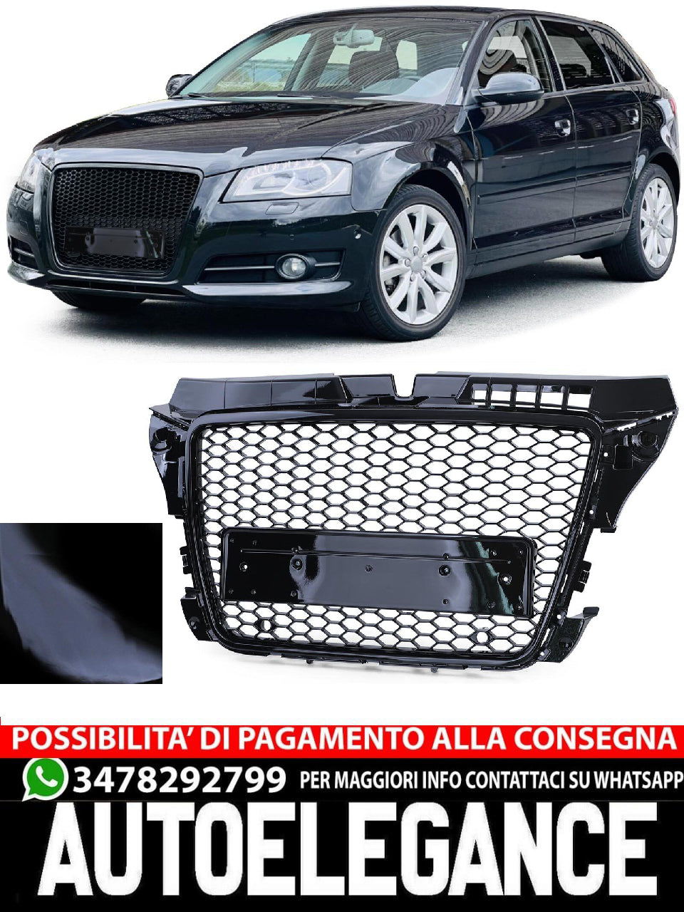 Griglia sportiva a nido d'ape nera lucida senza emblema aftermarket compatibile con Audi A3 8P 08-13