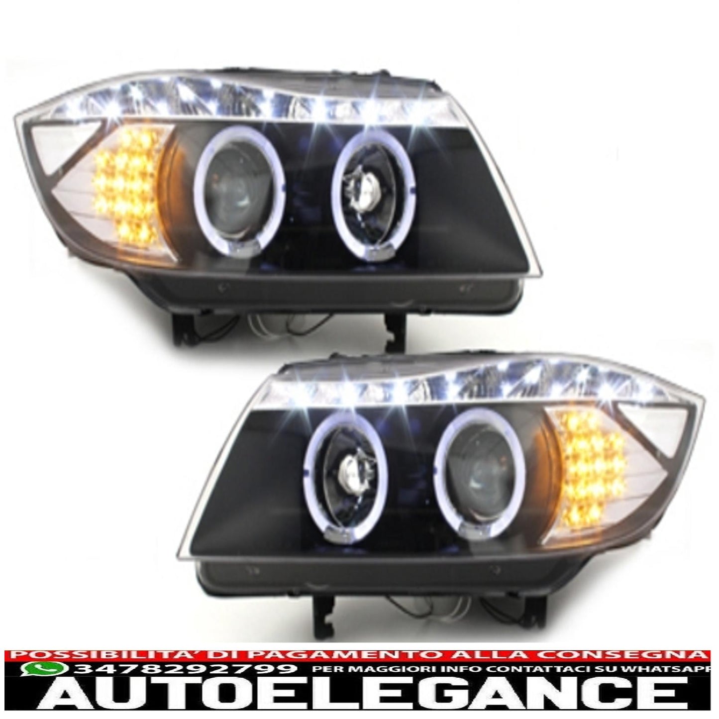 dayline headlights suitable for bmw e90 e91 05+ 2 halo rims drl led optics black