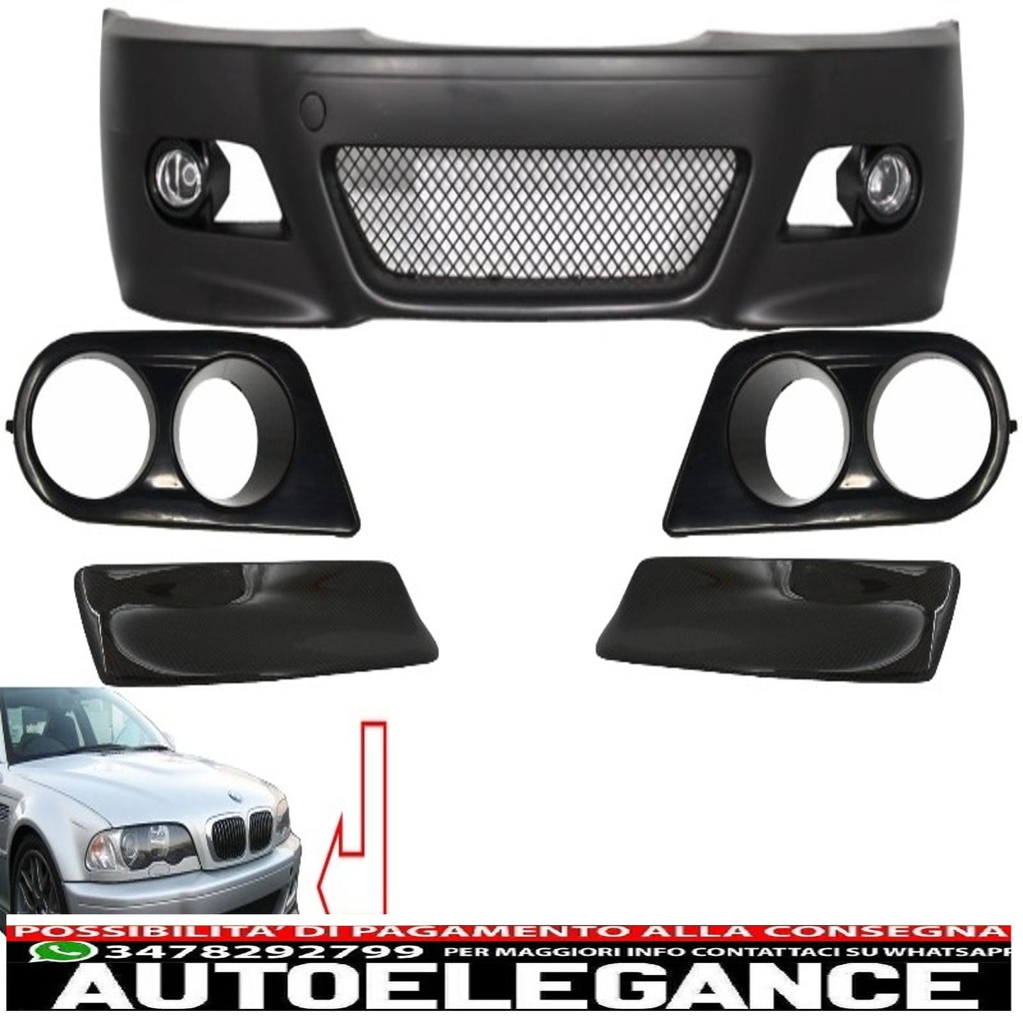 front bumper suitable for bmw 3 series coupe/cabrio/saloon/station wagon e46 (1998-2004) m3 design with air ducts, air intakes and splitter csl design in carbon