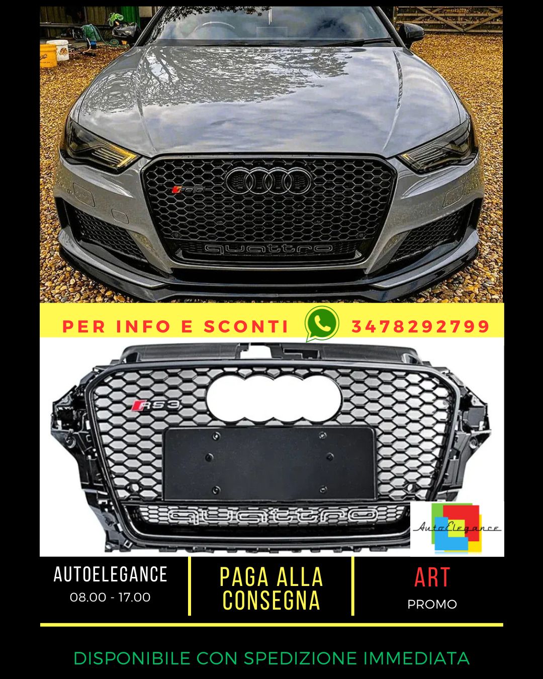 ✨Griglia anteriore NERA LUCIDA ADATTA PER Audi RS3 Style A3 S3 8V 13-16✨