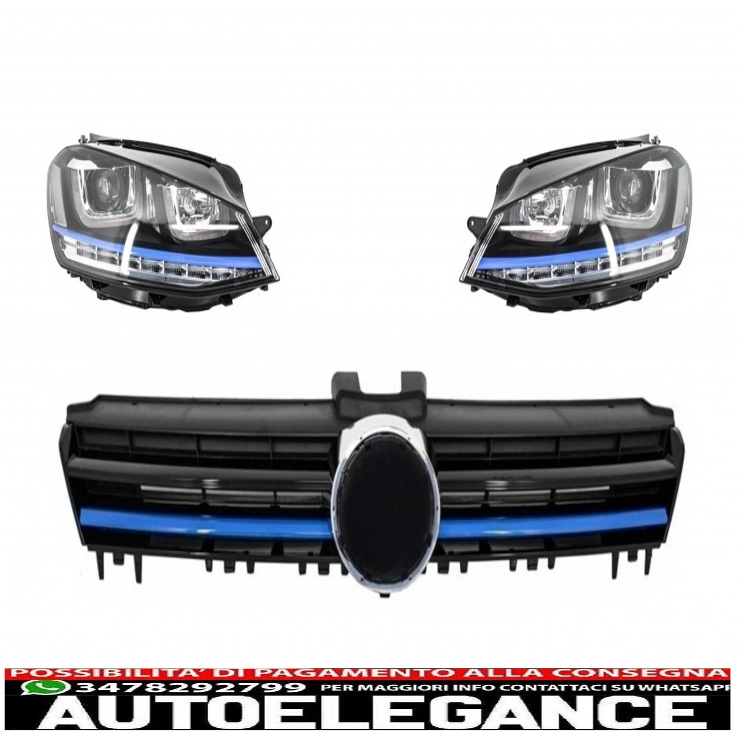 headlights with central grille suitable for vw golf 7 vii (2012-2017) gte design blue inserts and dynamic sequential light leds 