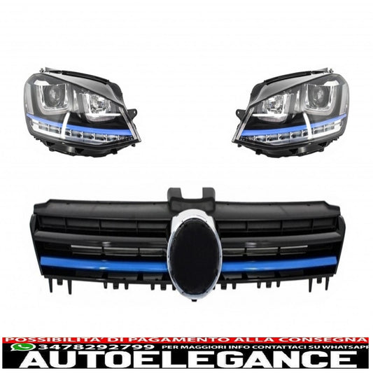 headlights with central grille suitable for vw golf 7 vii (2012-2017) gte design blue inserts and dynamic sequential light leds 