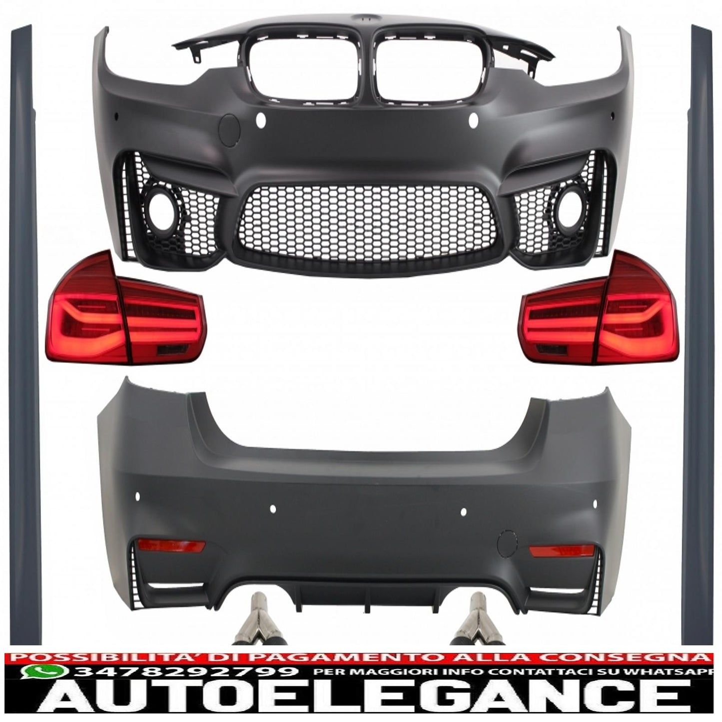 body kit suitable for bmw 3 series f30 (2011-2019) with led rear lights, dynamic sequential cornering light and double carbon exhaust tips 