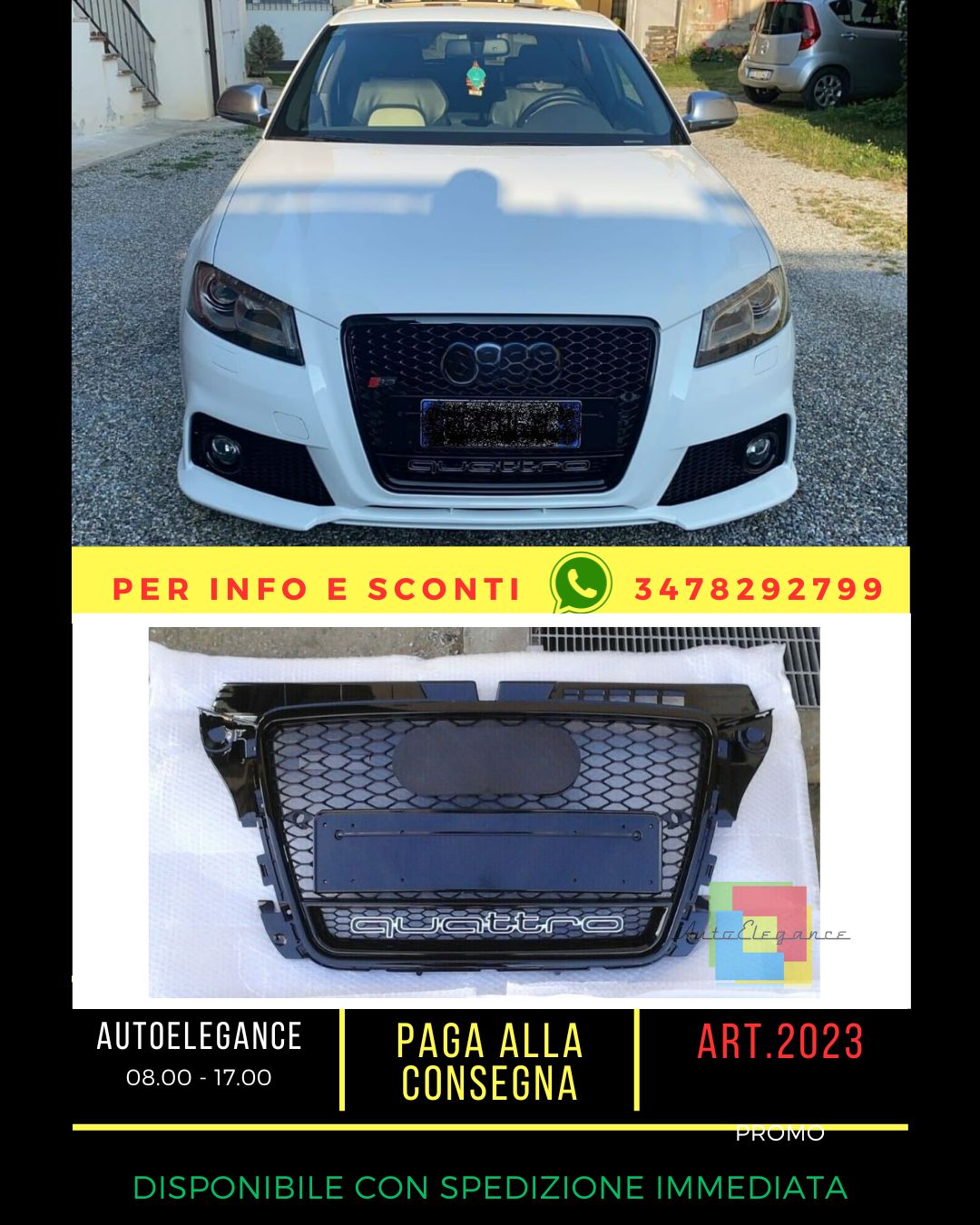⭐GRIGLIA PER AUDI A3 8P 2008-2012 LOOK RS3 QUATTRO NERO LUCIDO ⭐