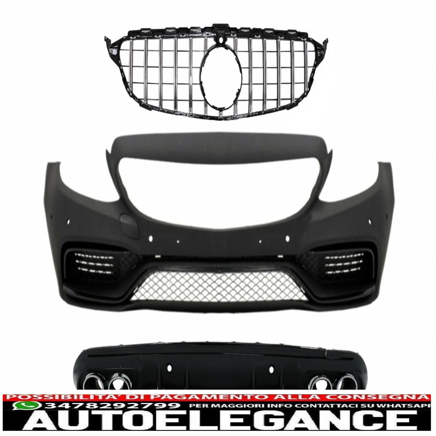 front bumper suitable for mercedes c-class w205 s205 (2014-2018) central grille with rear diffuser and exhaust tips design c63