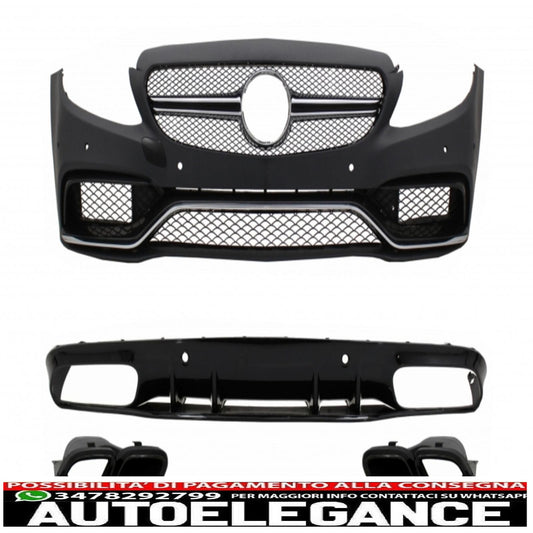 Paraurti anteriore adatto per mercedes classe c c205 a205 coupe cabriolet (2014-2019) con diffusore a mantovana per paraurti posteriore design c63s tutto nero