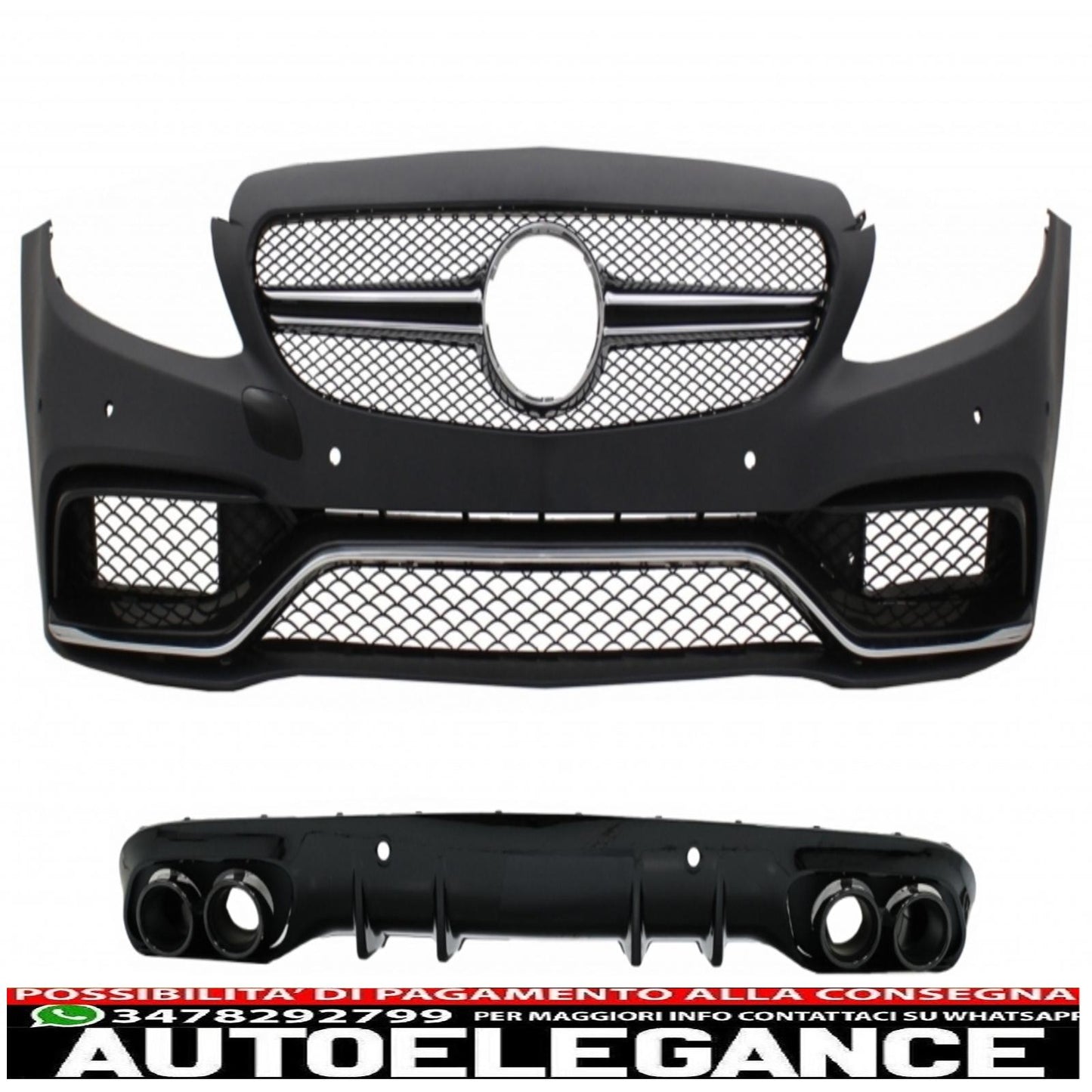 Paraurti anteriore con diffusore doppia uscita e terminali di scarico adatti per mercedes classe c c205 coupe a205 cabriolet (2014-2019) design c63