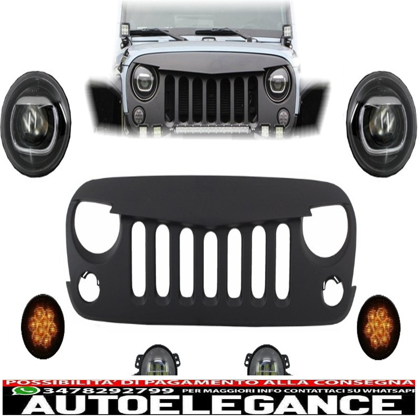 Front Mount Grille and LED Lights Fit for Jeep Wrangler Rubicon JK (2007-2017) Angry Bird Design 