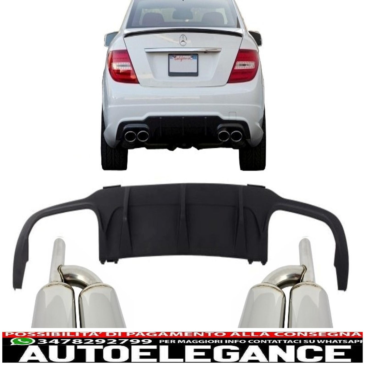 Diffusore d'aria con mantovana per paraurti posteriore con terminali di scarico adatto per mercedes classe c w204 c204 amg sport line (2012-2014) limousine coupé