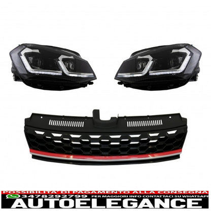 badgeless central grille with LED headlights sequential dynamic cornering lights suitable for vw golf 7.5 vii facelift (2017-up) gti design red and chrome 