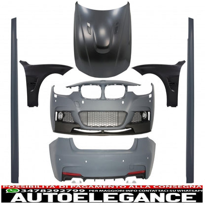 complete body kit suitable for bmw 3 series f30 (2011-2019) m-performance design with black front fenders and chrome bonnet and muffler tips 