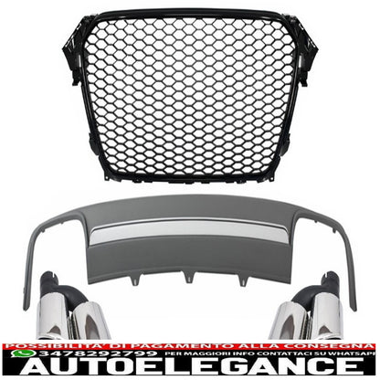 montaggio griglia centrale con mantovana paraurti posteriore diffusore aria e terminali marmitta adatto per audi a4 b8 facelift (2012-2015) limousine avant rs design