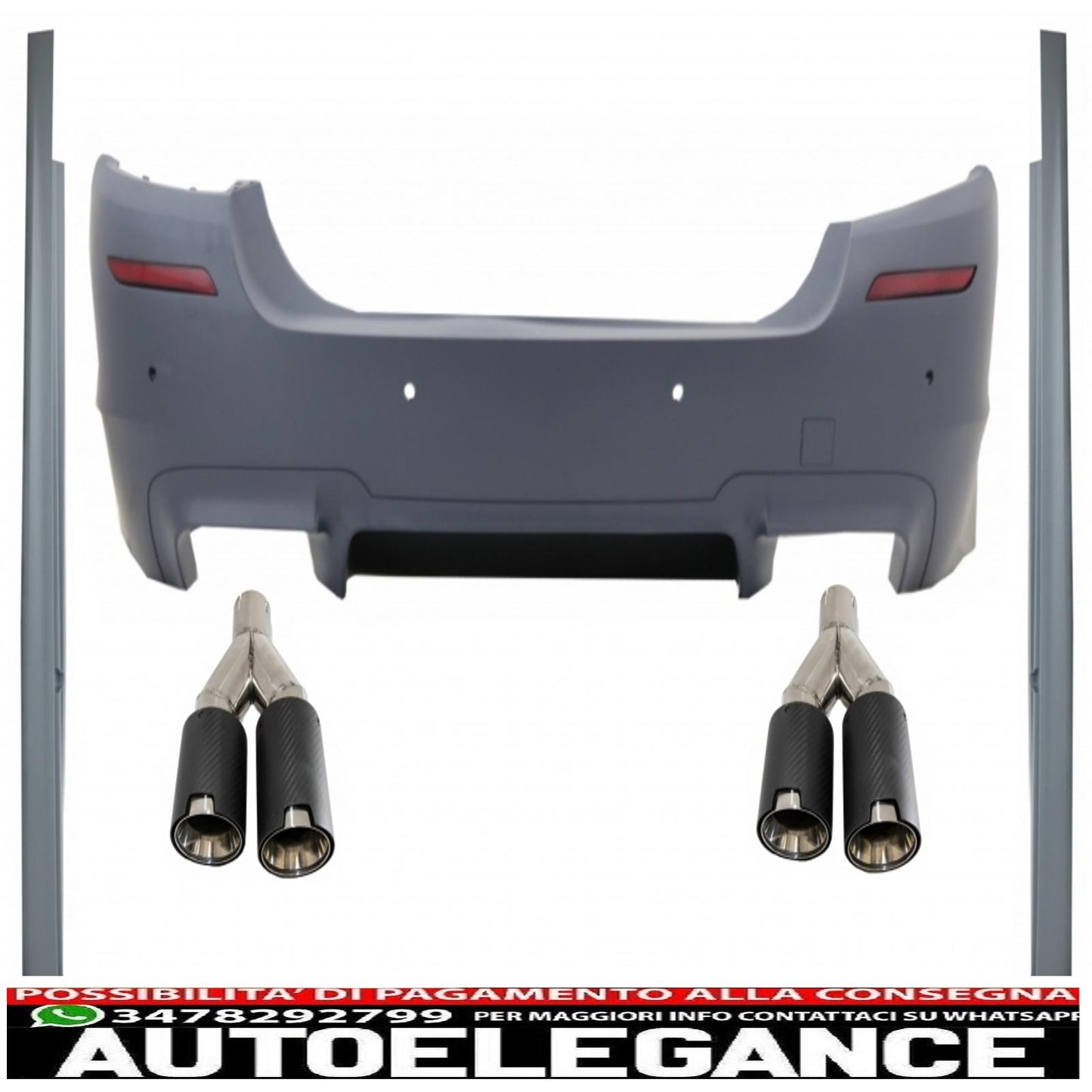 Paraurti posteriore adatto per BMW Serie 5 F10 (2011-2017) con minigonne laterali e doppi terminali di scarico in fibra di carbonio design M5