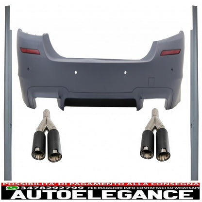 Paraurti posteriore adatto per BMW Serie 5 F10 (2011-2017) con minigonne laterali e doppi terminali di scarico in fibra di carbonio design M5