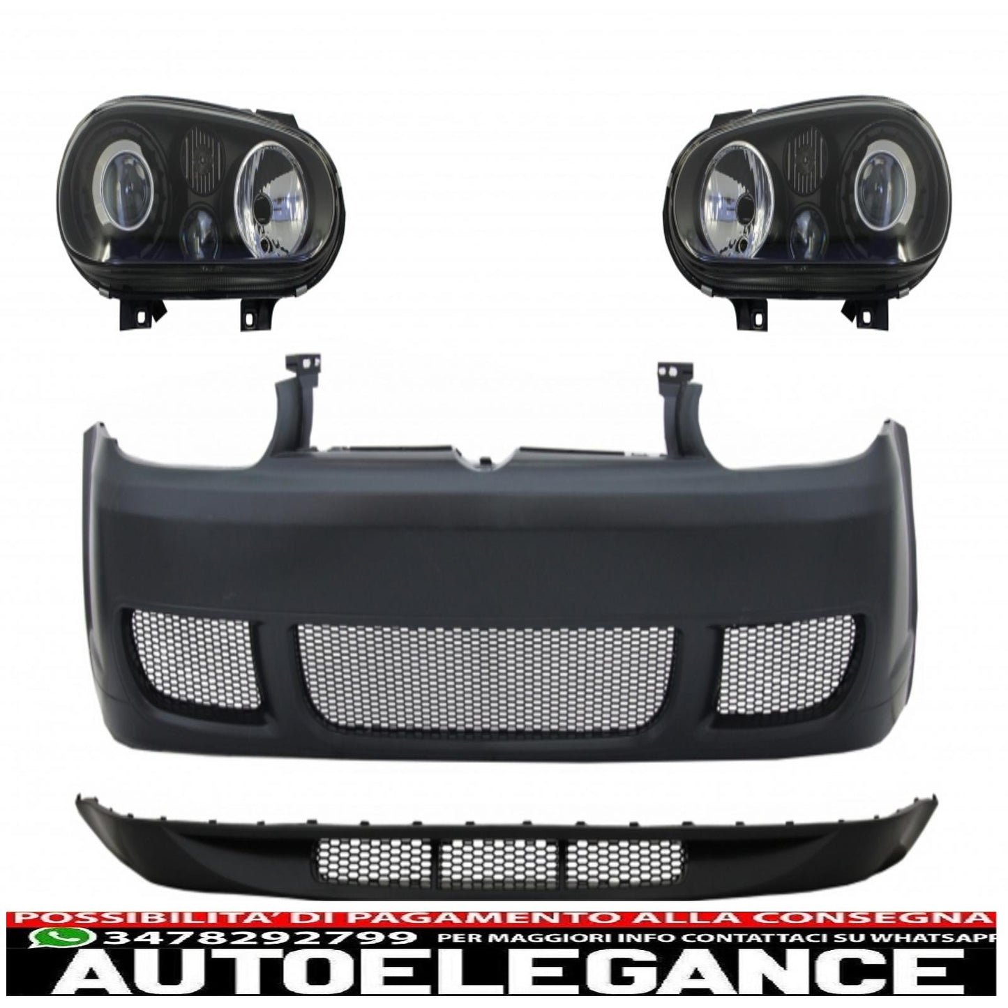 front bumper with spoiler and black headlights suitable for vw golf iv 4 mk4 (10.1997-09.2003) look r32