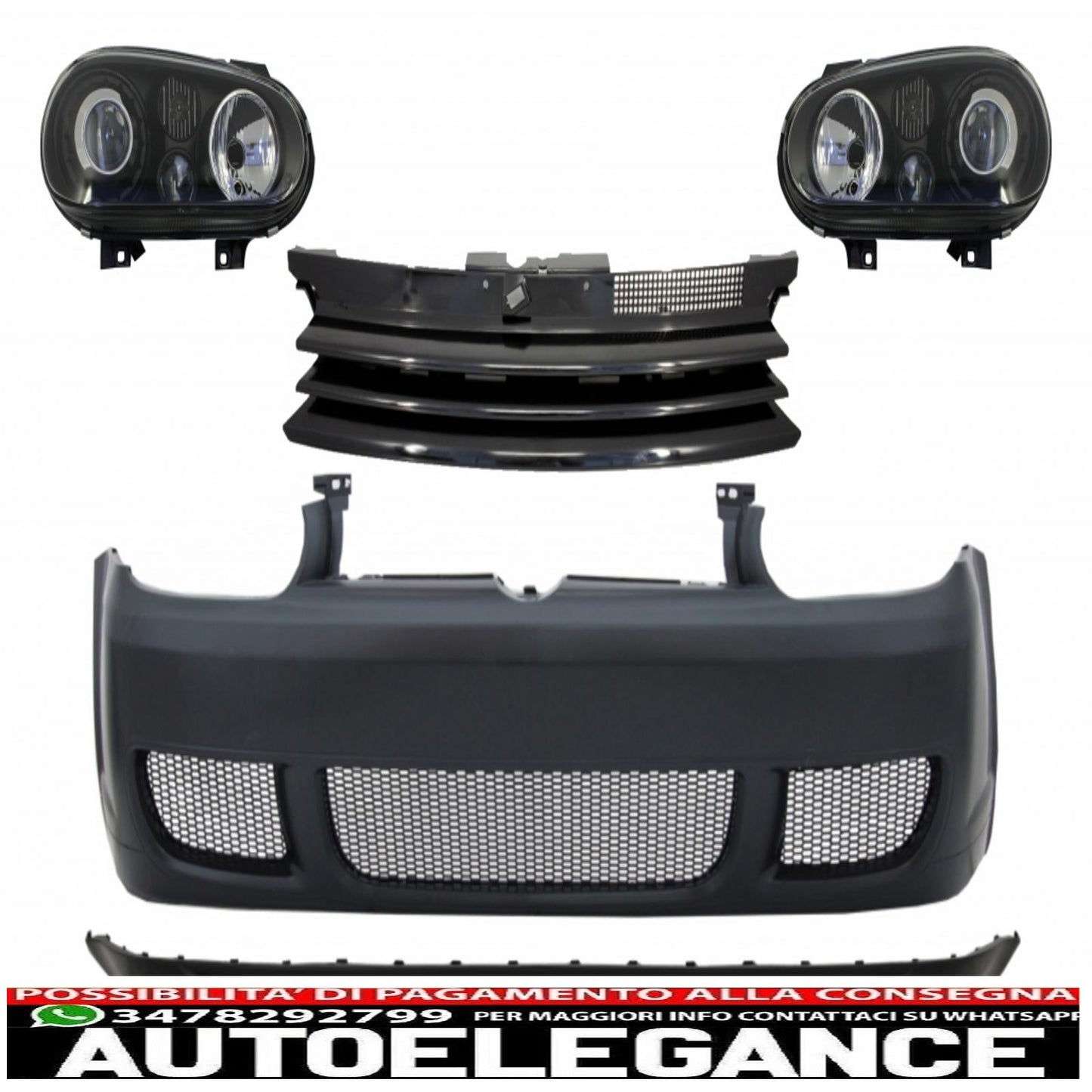 paraurti anteriore con griglia e fari neri adatto per vw golf iv 4 mk4 (10.1997-09.2003) look r32