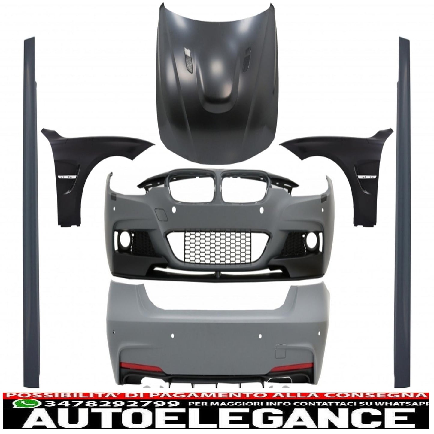 kit carrozzeria completo adatto per bmw serie 3 f30 (2011-2019) design m-performance con doppie punte cromate e parafanghi anteriori e cofano motore