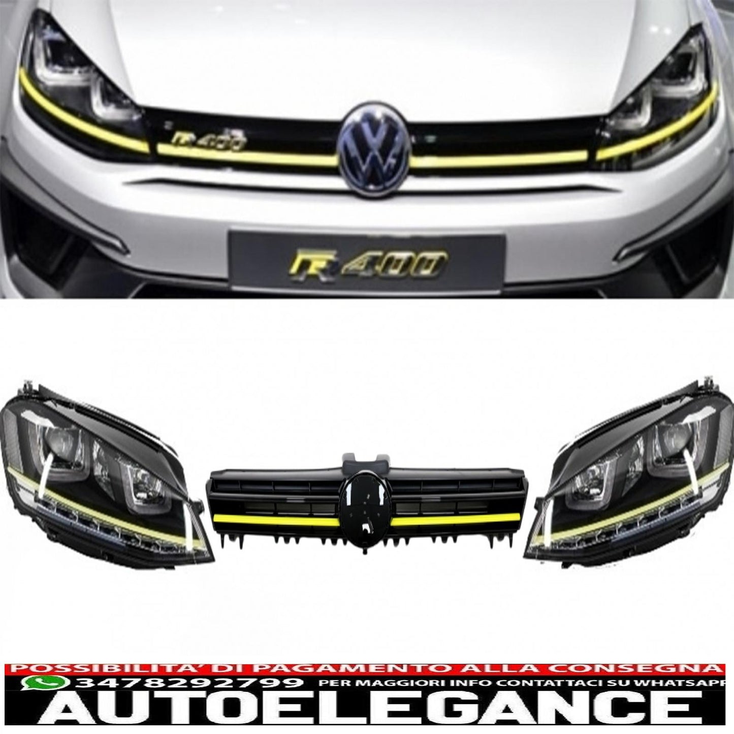 3d led headlight assembly drl turn signal with grille suitable for vw golf 7 vii (2012-2017) yellow r400 look