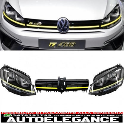 3d led headlight assembly drl turn signal with grille suitable for vw golf 7 vii (2012-2017) yellow r400 look