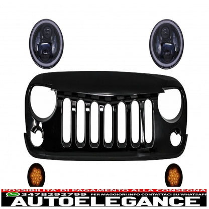 Piano Black Grille with Cree Angel Eye LED Headlights and Turn Signals Fit for Jeep Wrangler Rubicon JK 2007-2017
