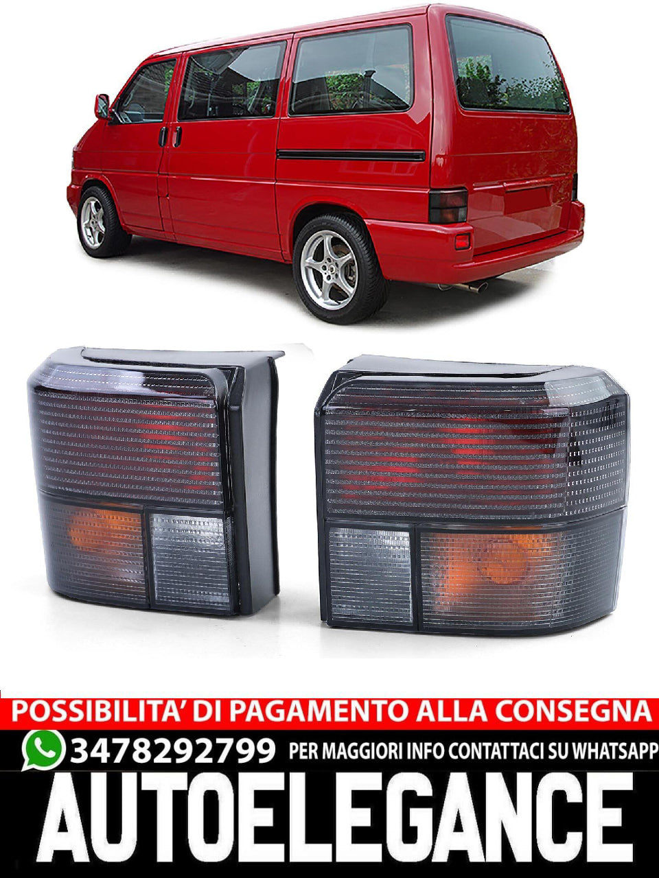 Pair of Black Smoke Rear Lights aftermarket compatible with VW T4 Bus Transporter Caravelle 90-03 