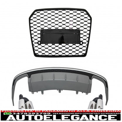 Diffusore a mantovana per paraurti posteriore con terminali di scarico e griglia anteriore adatto per audi a6 4g facelift (2015-2018) berlina limousine s6 design