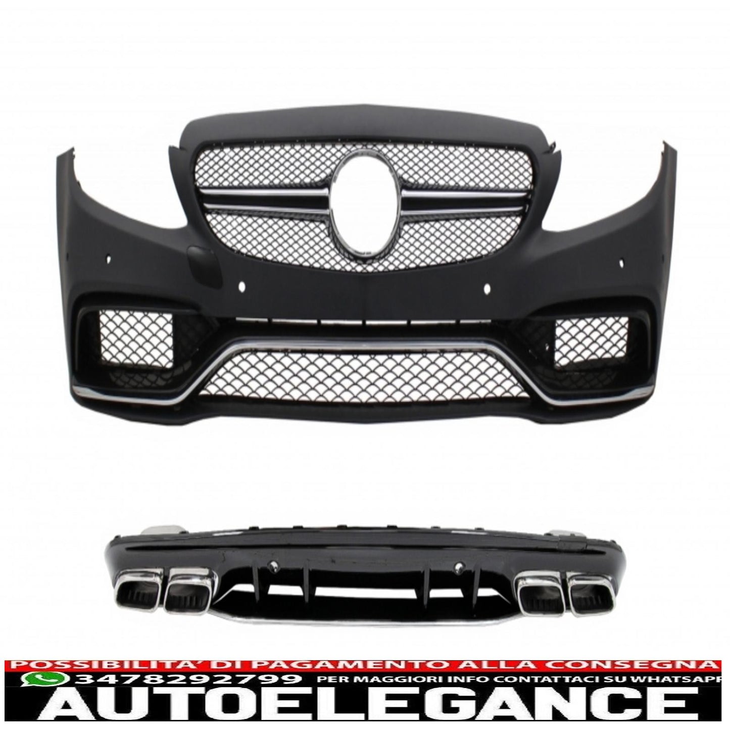 paraurti anteriore con diffusore posteriore e terminali silver adatto per mercedes classe c w205 s205 (2014-2020) solo per amg sport line