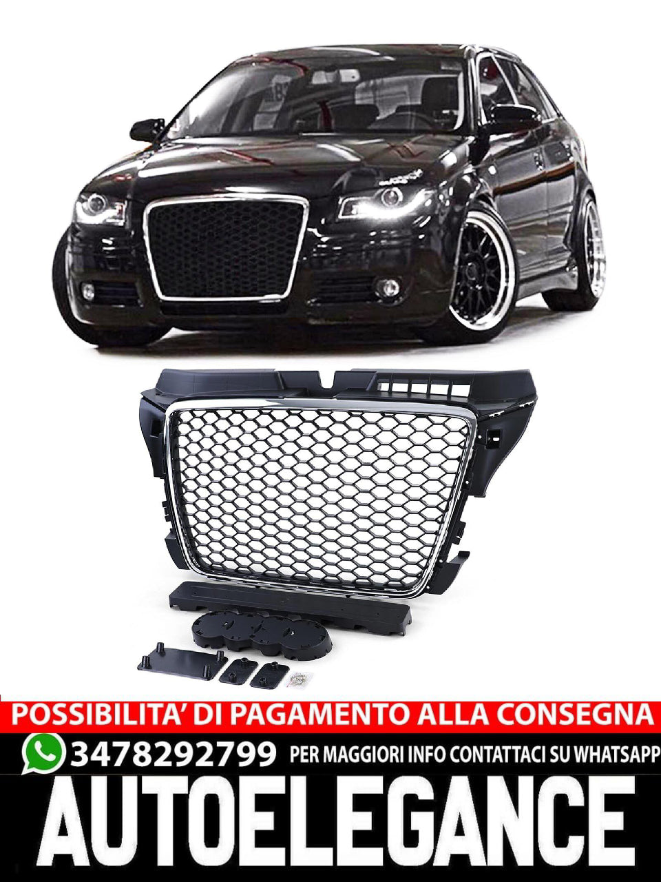 Griglia a nido d'ape senza emblema Nero Opaco Cromato aftermarket compatibile con Audi A3 8P 08-13