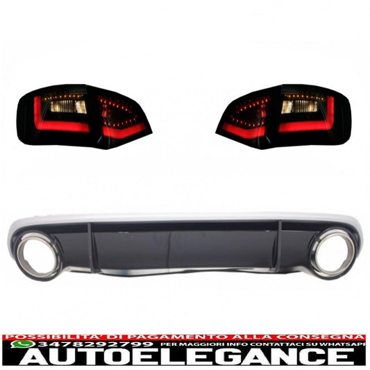 Rear bumper diffuser and tailpipes with LED taillights, dynamic black/smoke, suitable for audi a4 b8 avant pre facelift (2007-2011) RS4 design