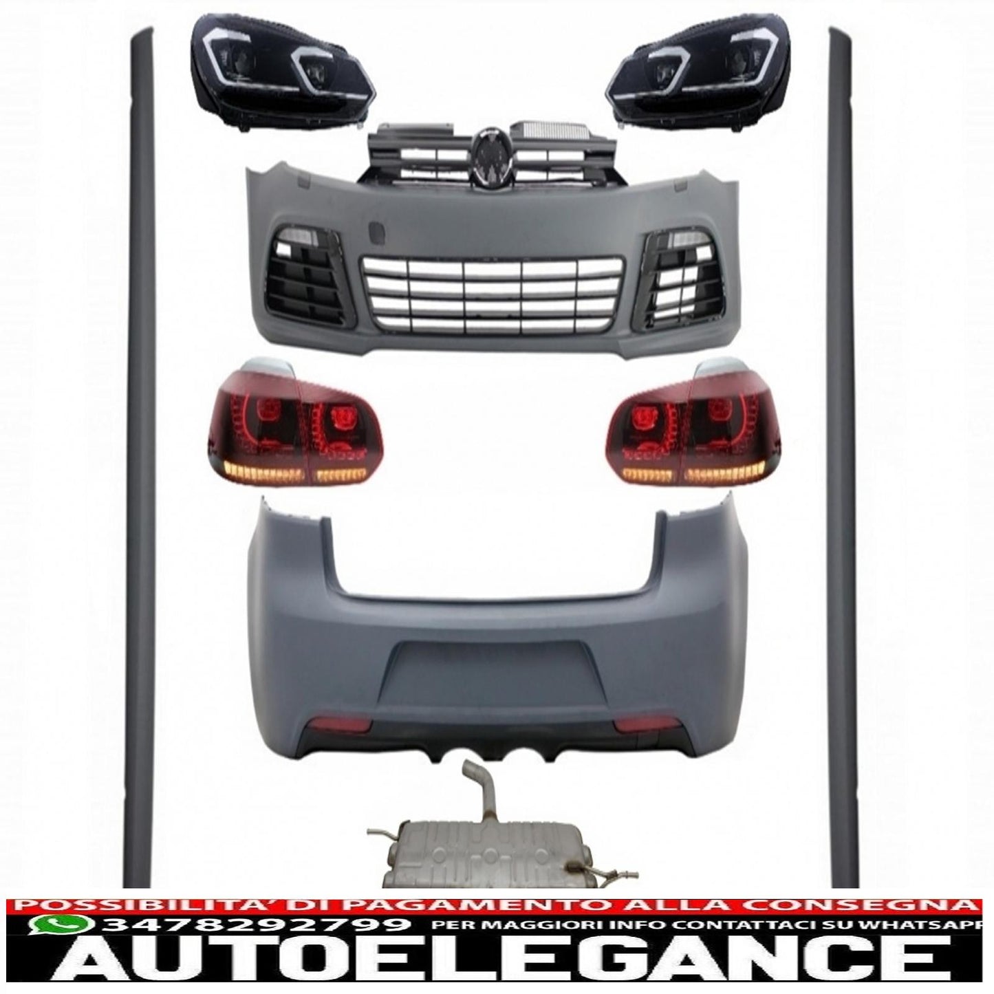 complete body kit suitable for vw golf vi 6 mk6 (2008-2013) r20 design with led headlights and rear lights dynamic cornering light + full exhaust system 