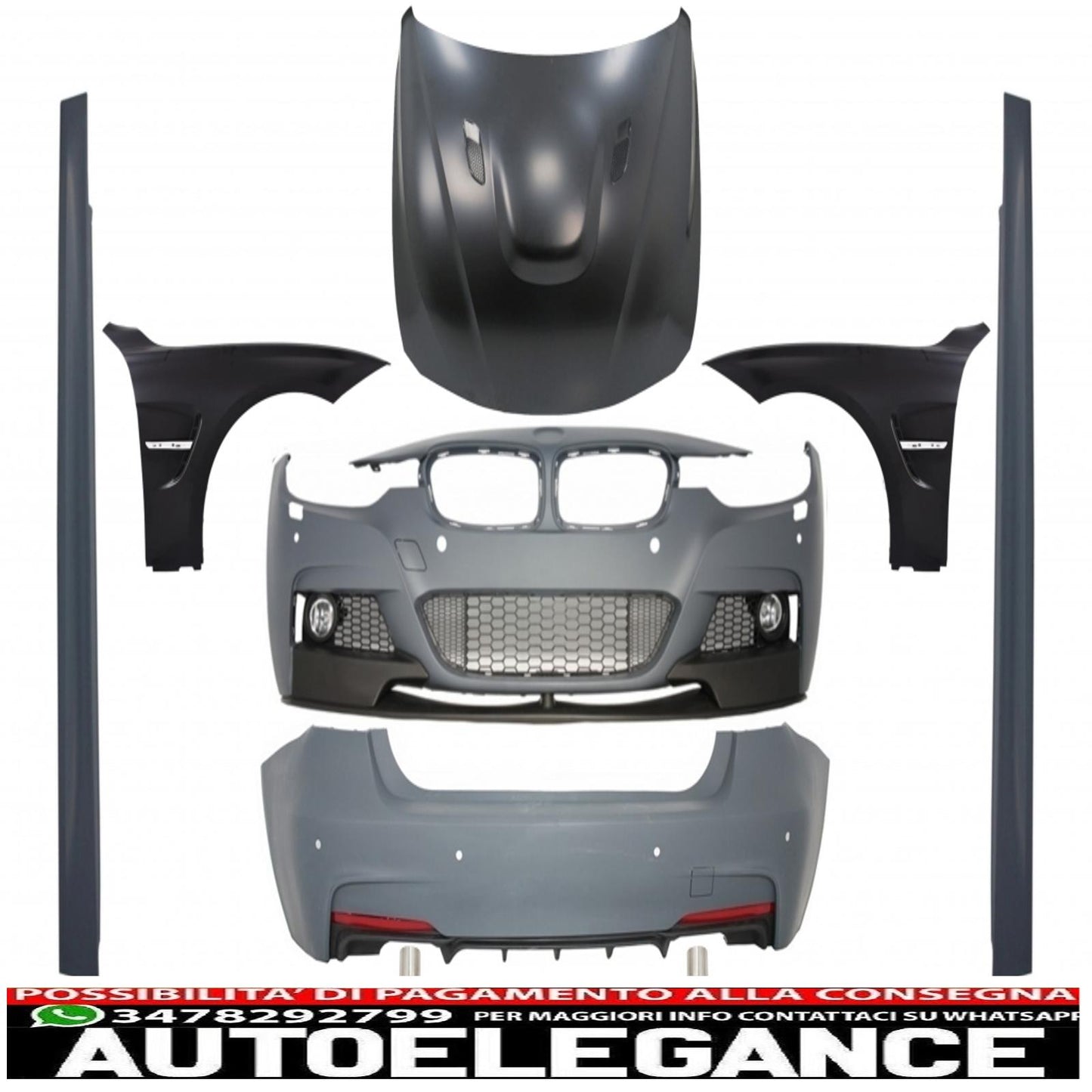 kit carrozzeria completo adatto per bmw serie 3 f30 (2011-2019) design m-performance con parafanghi anteriori e cofano cofano e terminali marmitta carbonio opaco