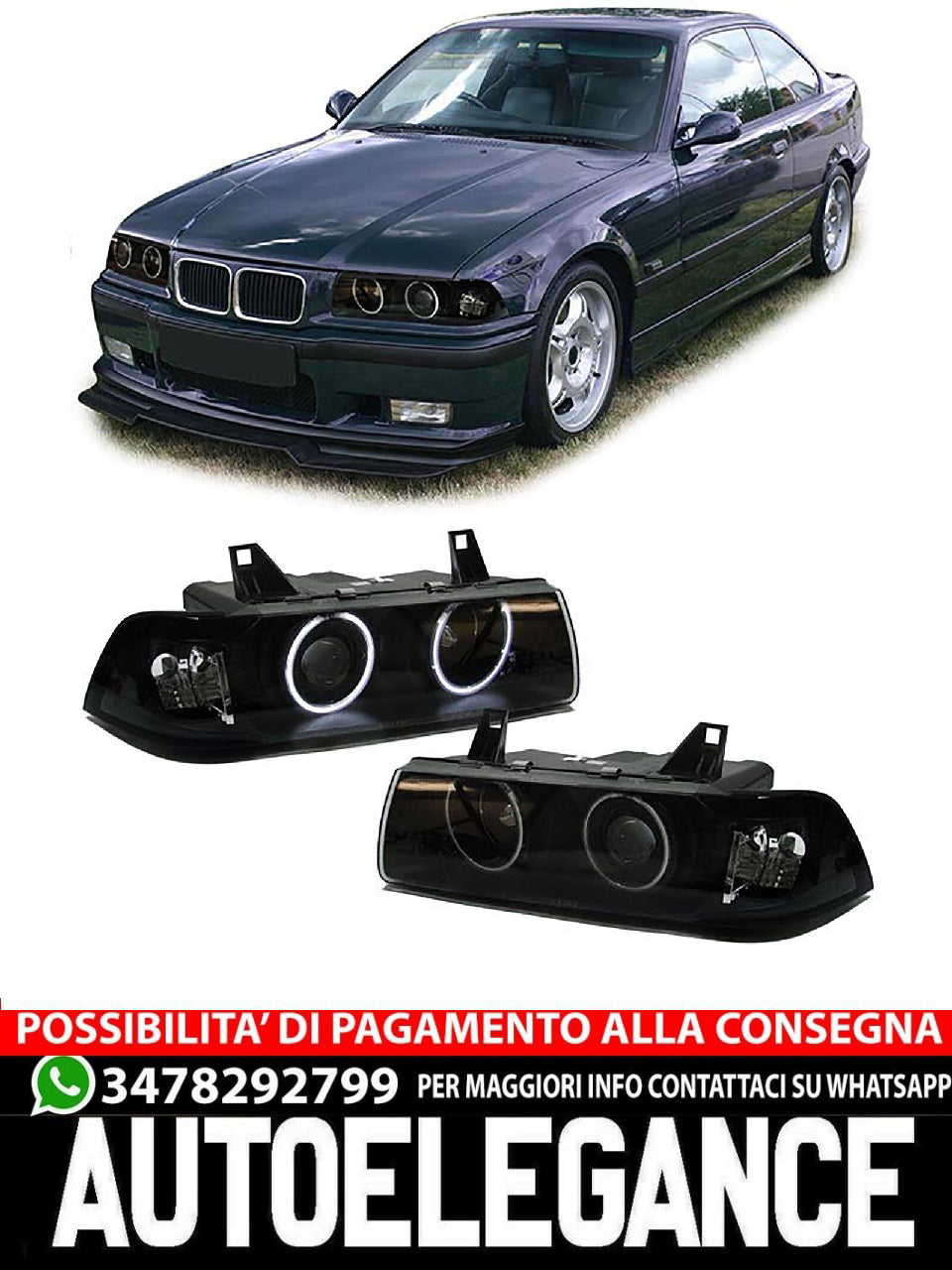 Faro anteriore CCFL Angel Eyes aftermarket compatibile con BMW Serie 3 E36 Coupé Cabrio