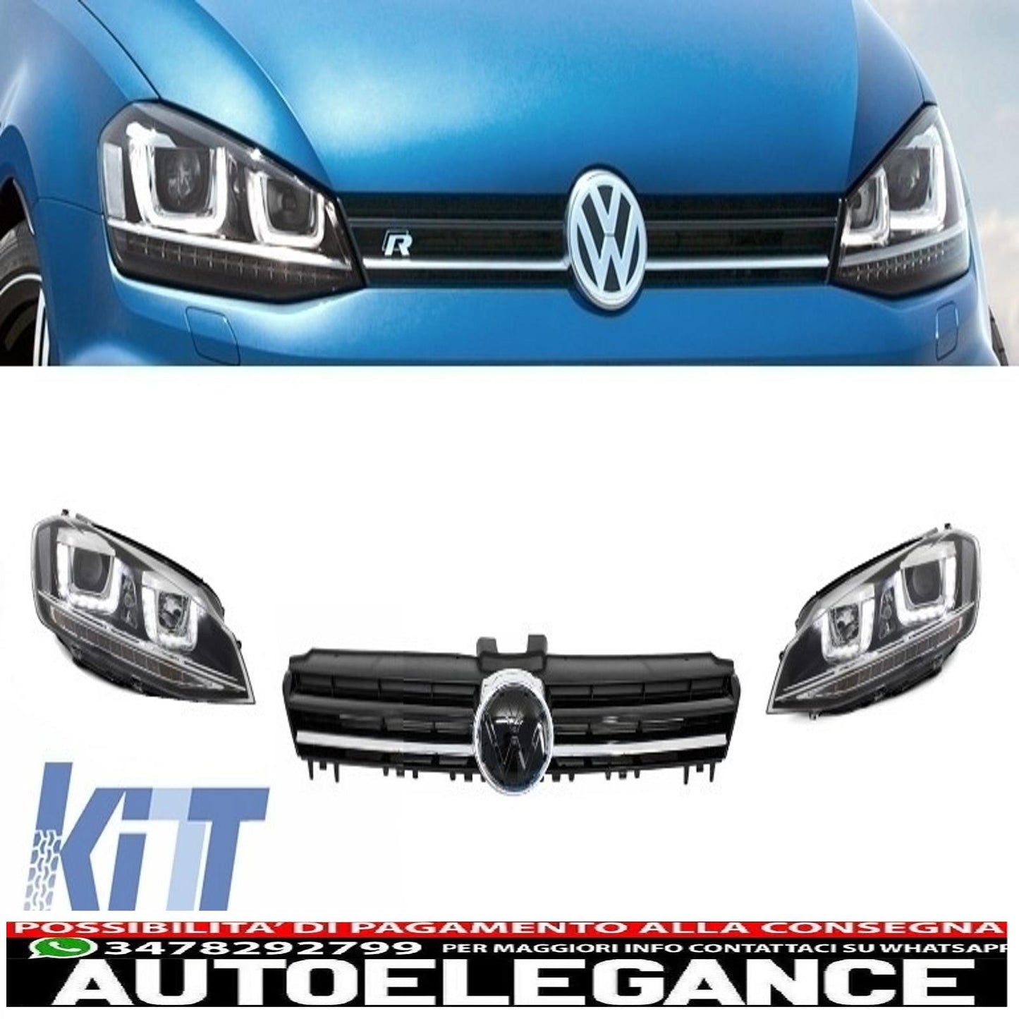 3d led drl r-look headlight assembly with grill suitable for vw golf 7 vii (2012-2017) silver r-line look 