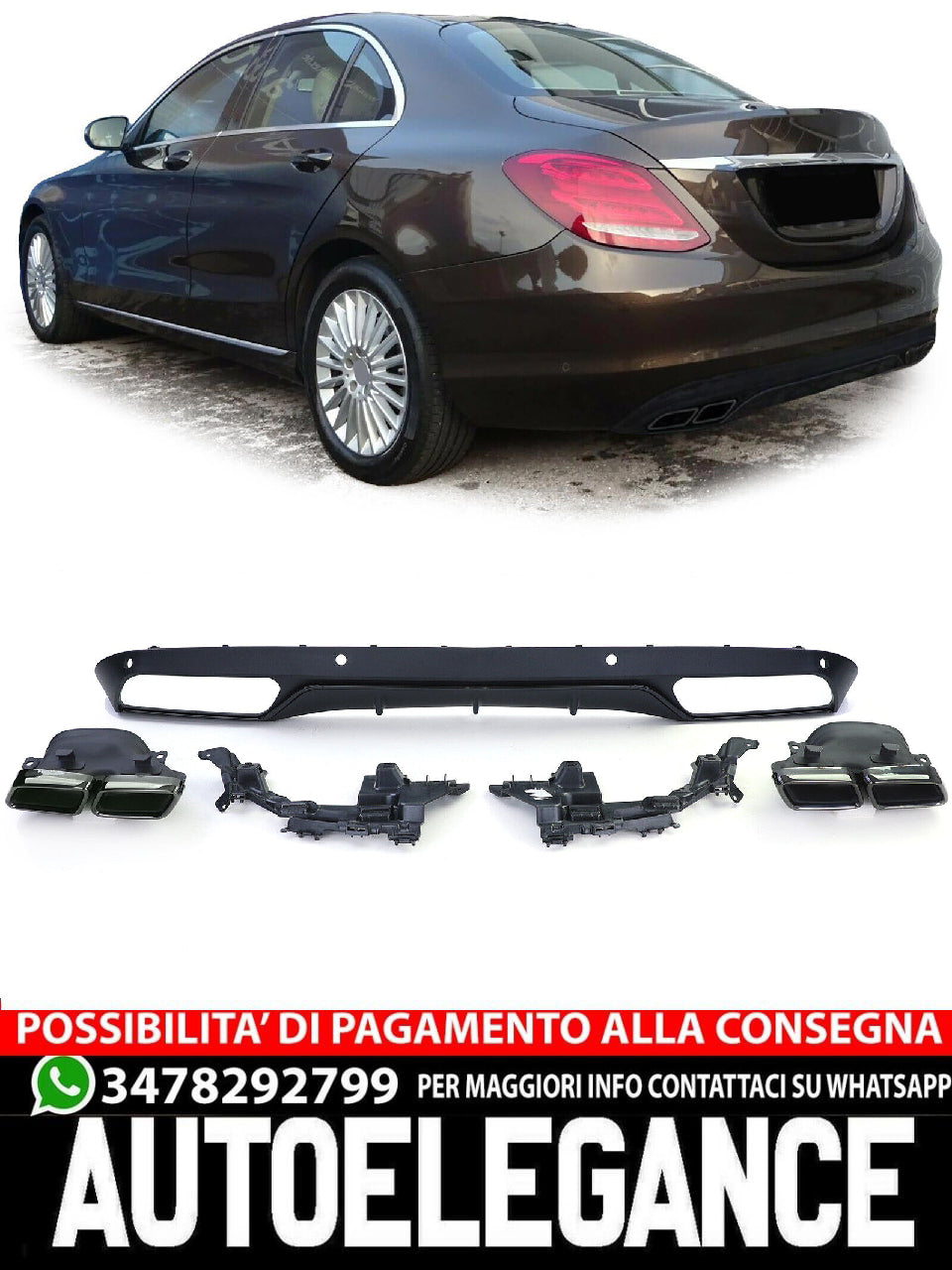 Diffusore Posteriore Sportivo con Terminali di Scarico Nero compatibile per Mercedes W205 Berlina 14-18