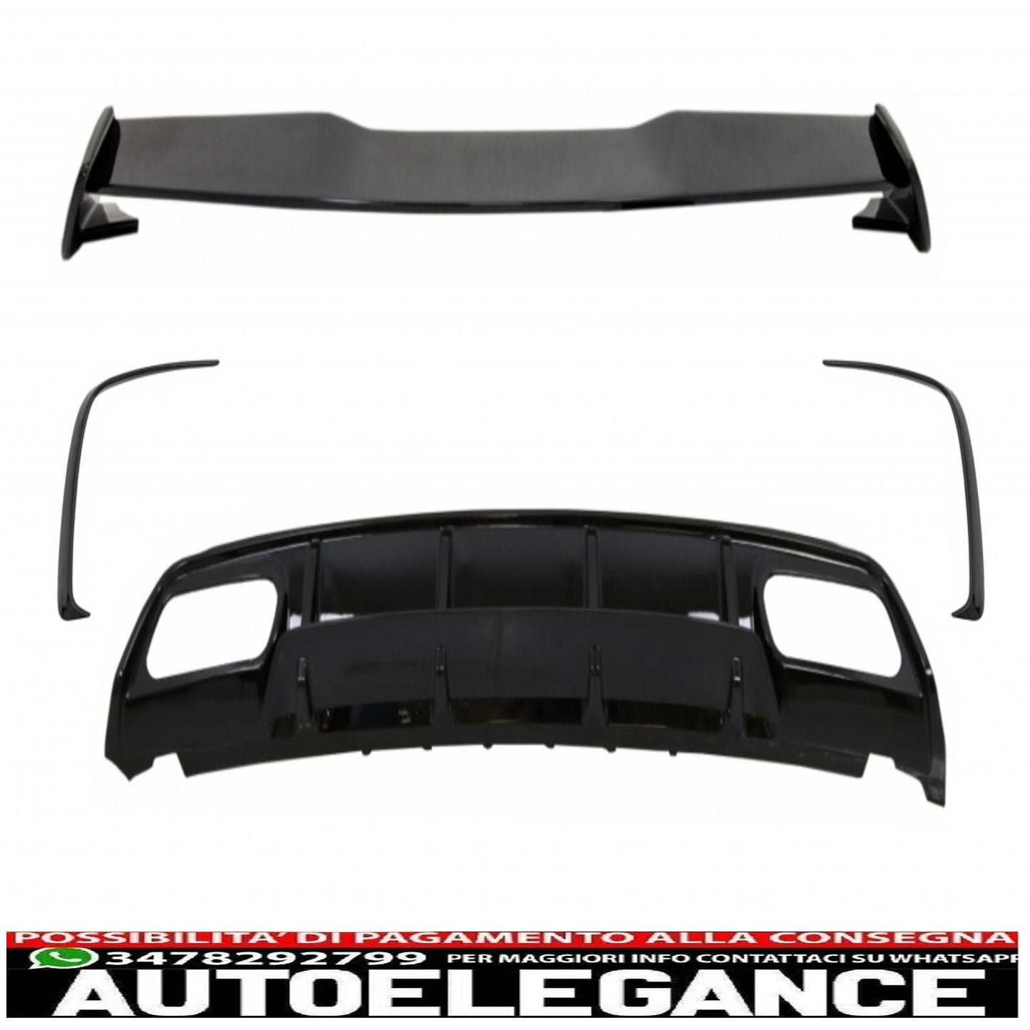 Diffusore posteriore con mantovana adatto per Mercedes W176 classe A (2012-2018) con spoiler sul coperchio del bagagliaio e splitter per paraurti posteriore, alette, design A45, restyling, nero pianoforte.