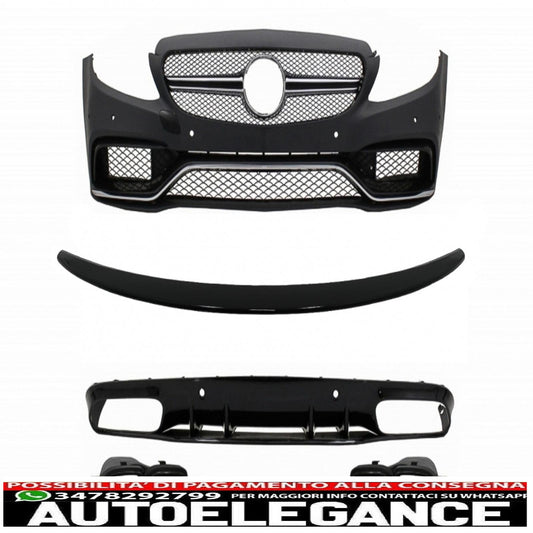 Paraurti anteriore adatto per mercedes classe c c205 a205 coupe cabriolet (2014-2019) con spoiler per bagagliaio e diffusore a mantovana per paraurti posteriore design c63s tutto nero