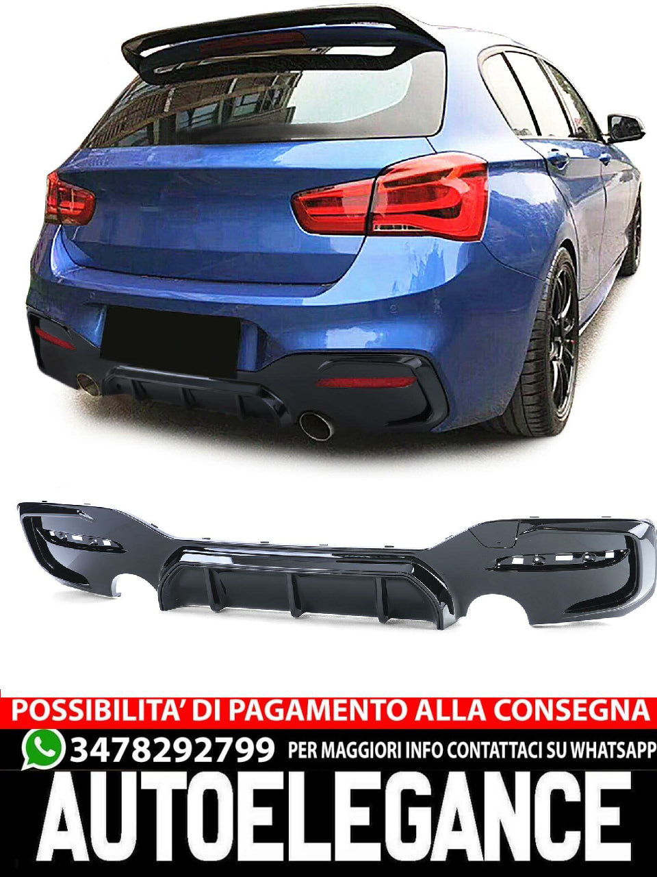 Diffusore posteriore sportivo nero lucido aftermarket compatibile con BMW Serie 1 F20 F21 15-19 LCI M135 M140