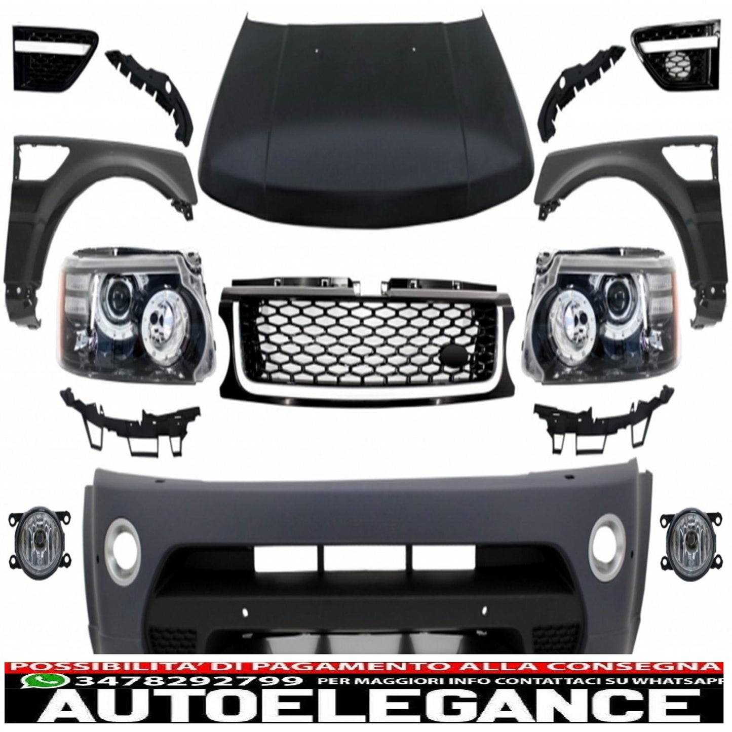 conversione anteriore adatta per Land Range Rover Sport L320 (2005-2013) design autobiografia paraurti fari cofano e parafanghi AUTOELEGANCERICAMBI