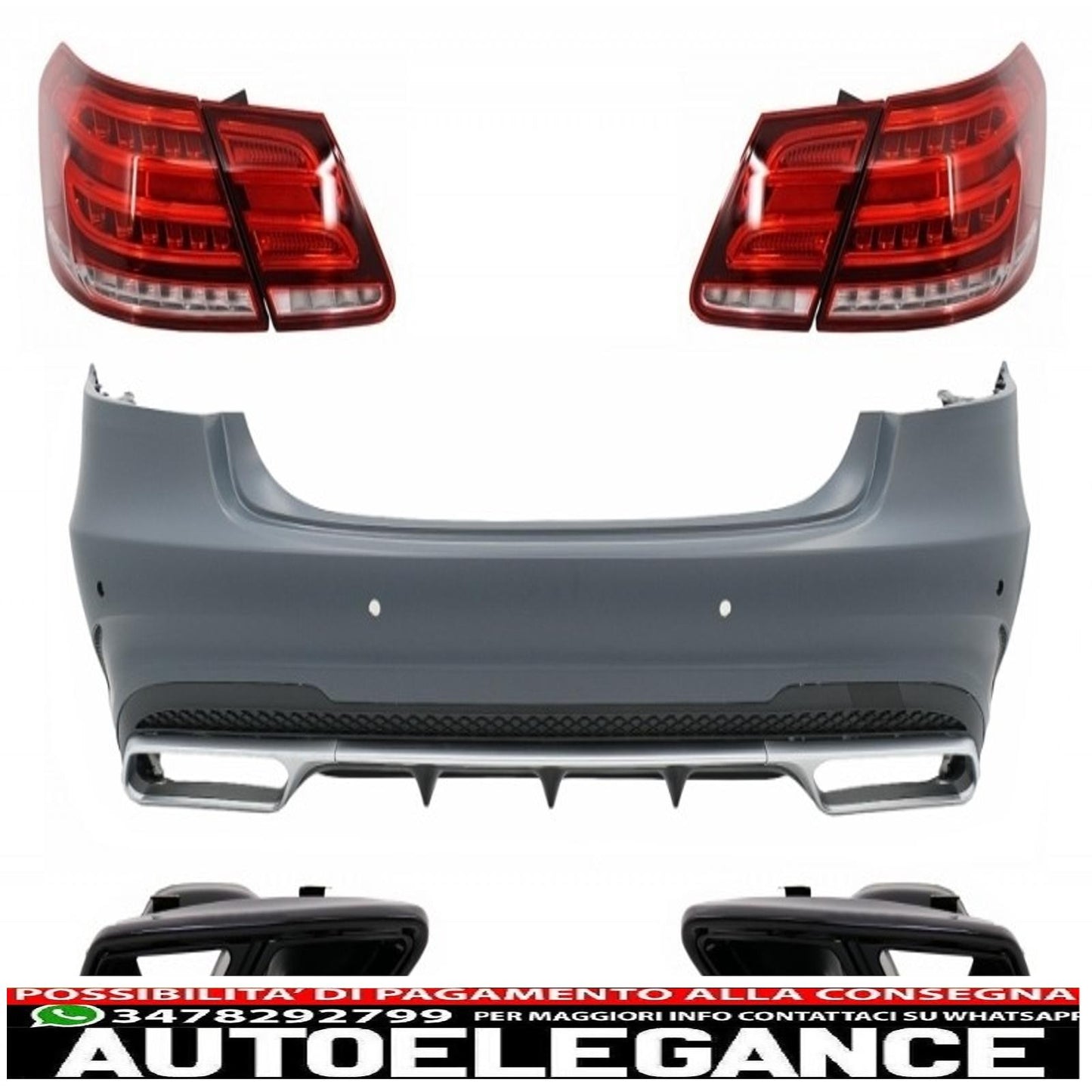 Rear bumper with black exhaust tips and LED light bar taillights suitable for mercedes w212 e class facelift (2009-2012) e63 design 